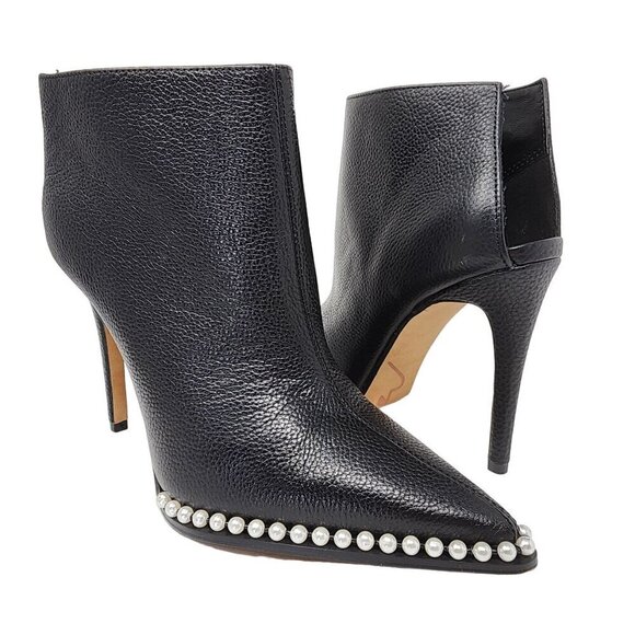 Karl Lagerfeld Cyron Black Leather Beaded Stiletto Booties, Women's 5 - Picture 1 of 10
